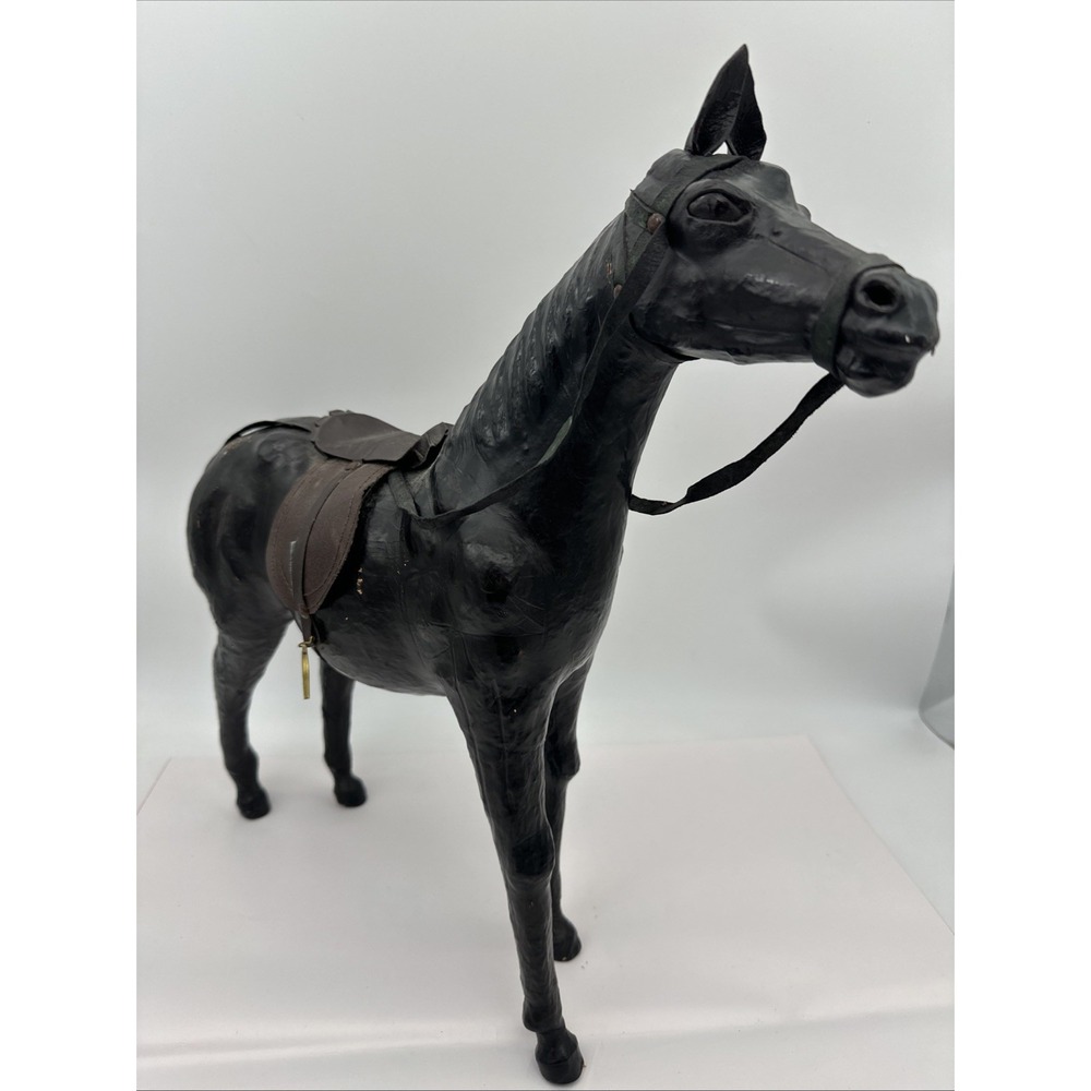 Vintage Leather Horse Figurine 19 Inch Large Equestrian Model Glass Eyes Saddle